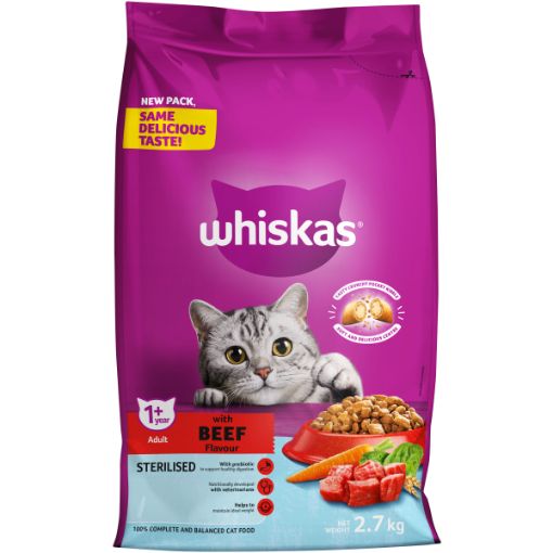 WHISKAS CAT FOOD DRY ADULT STERIL C/F BEEF 2.7KG